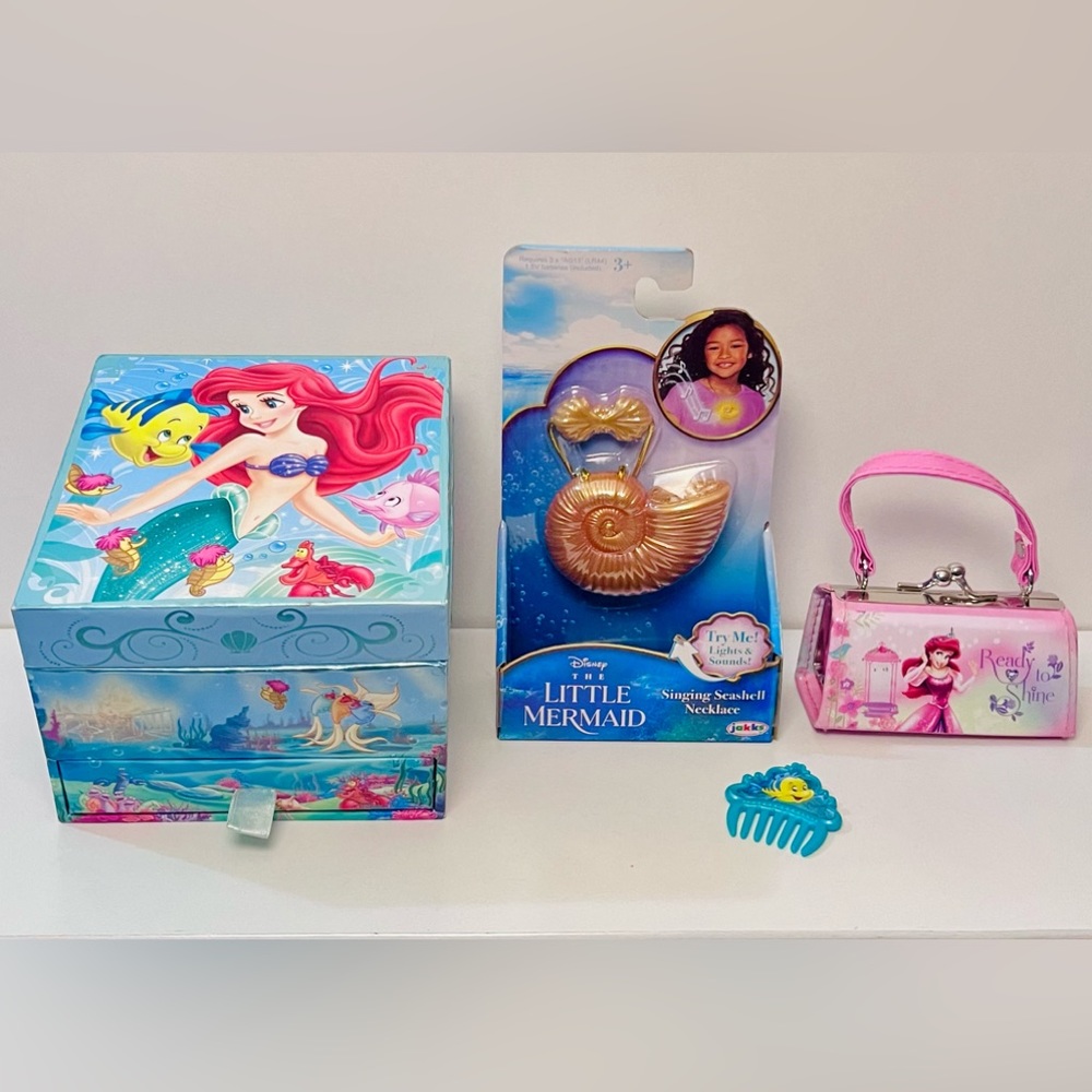 Disney Store Little Mermaid Jewelry Box, Necklace, and Bag